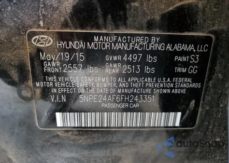 2015 Hyundai Sonata Se from USA, damaged, VIN 5NPE24AF6FH243351
